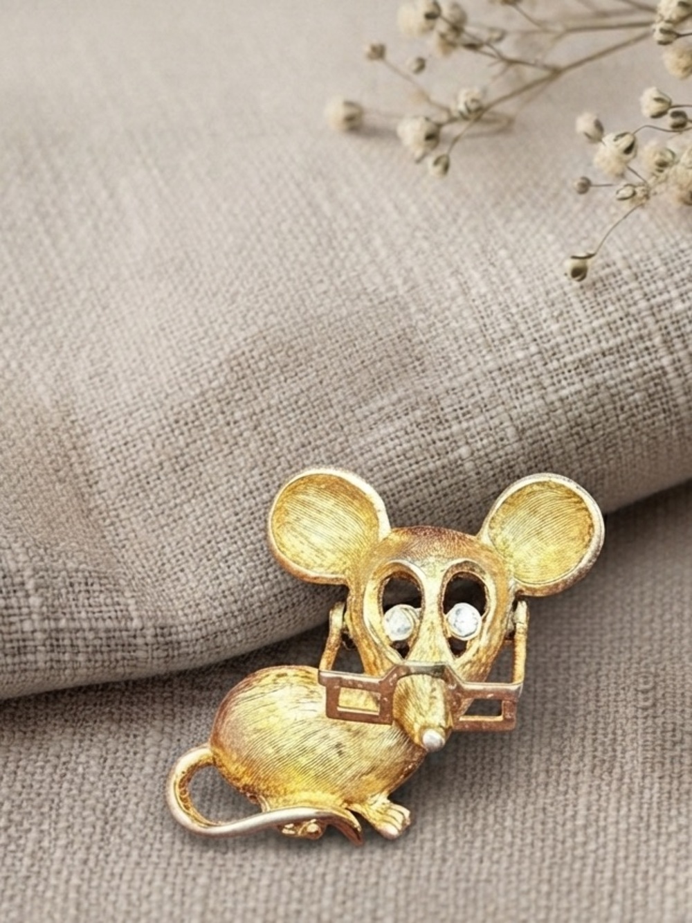 Vintage Avon Mouse Brooch with Articulated Glasses Gold Tone Whimsical